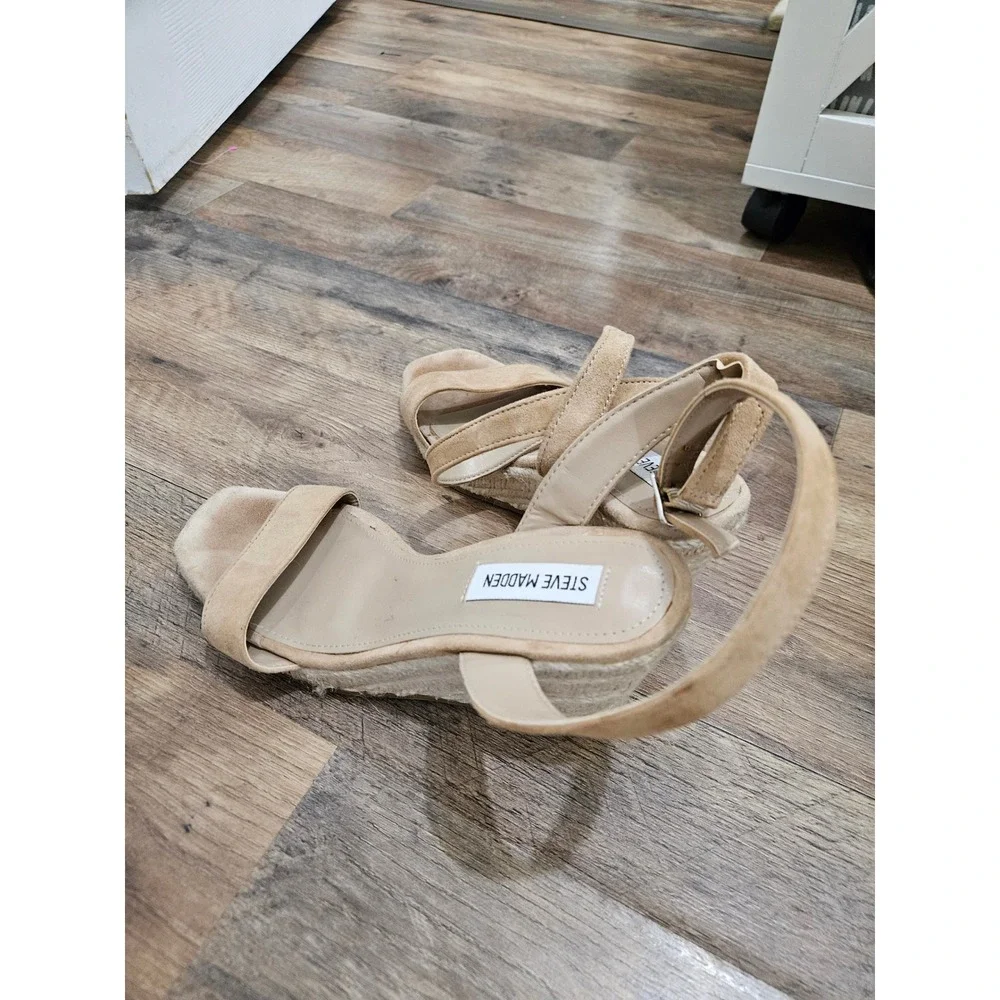 Steve Madden Womens Tan Suede Espadrille Wedge Sandals Ankle Strap Size 8